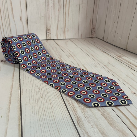J Crew Blue Red Black Circles/targets/dots Silk USA Necktie Tie 56x3.75 - Picture 2 of 7